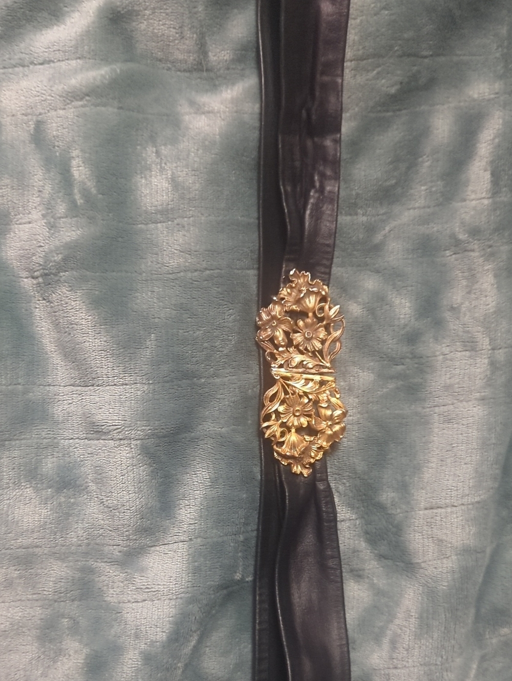 72-Black Leather Belt with Ornate Gold Floral Buckle